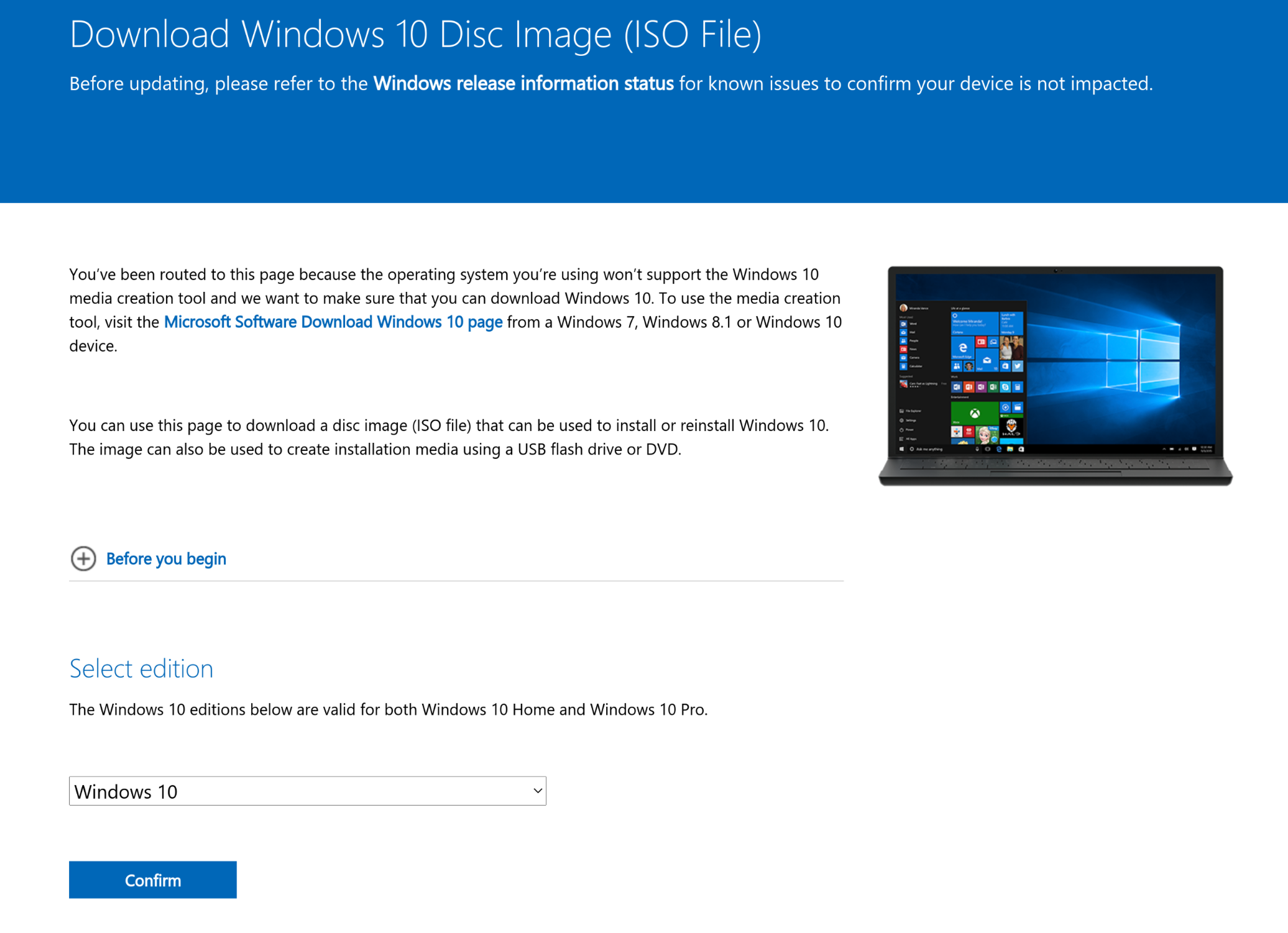 Download page screenshot for Windows 10 ISO